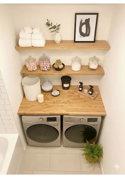 %100 Masif Ahşap Çamaşır Makinesi Ve Kurutma Makinesi Üstü Ve Duvar Rafları 120x60cm 26152677
