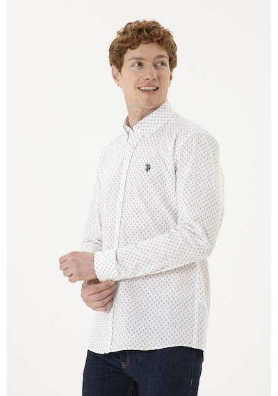 U.S. Polo Assn. Erkek Bej Baskılı Beyaz Gömlek 50288677-VR085 U.S. Polo Assn. Erkek Bej Baskılı Beyaz Gömlek 50288677-VR085