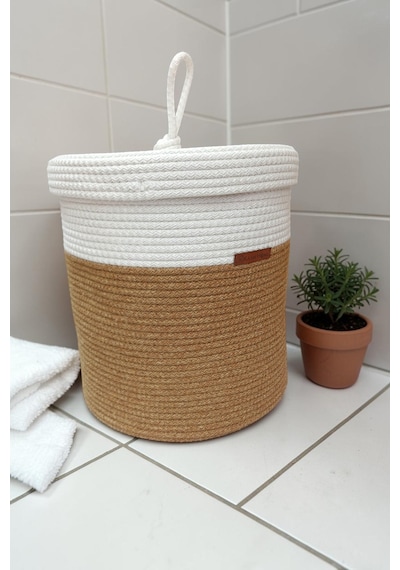 El Yapımı Dekoratif Örgülü Model 5'li Banyo Seti 2 Li Paspas 50x80 Cm Ve 40x60 Cm + Sepetler 18x18 Cm & Çamaşır Sepeti 35x33 Cm Hasır Jüt Renk