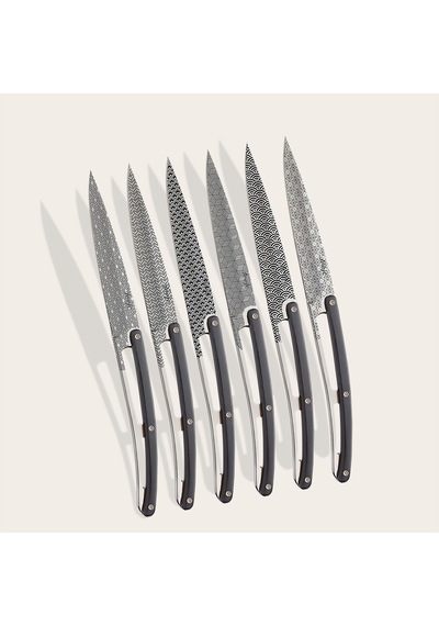 6 Deejo Steak Knives, Ebony Wood / Geometrie Siyah