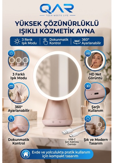 Şarjlı Yuvarlak Led Makyaj Aynası Dokunmatik 3 Renk Işıklı 360 Ayarlanabilir Masa Aynası Çok Renkli