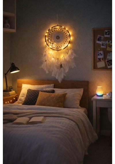 Led Işıklı Düş Kapanı Dreamcatcher Beyaz Kuş Tüyü Rüya Kapanı Duvar Süsü Elişi Diğer