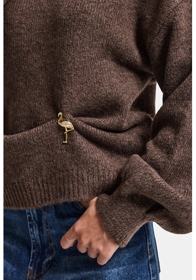 Kadın Kahve W6-16 Oversize Aksesuar Detaylı Tasarım Triko Kazak