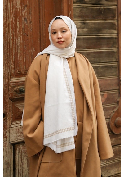 Premium Lux Original Monogram Şal İpek Vual, Yüksek Kalite, Hafif, Rahat, Şık, Tesettür, Shawl Krem