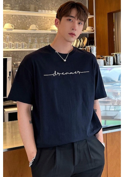Erkek Dreamer Baskılı Oversize Tshirt Lacivert