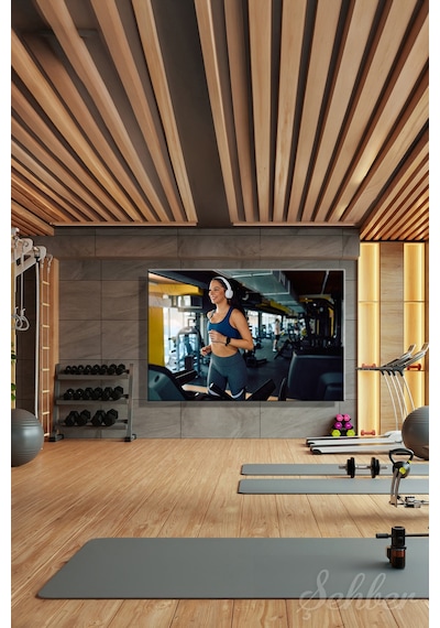 Kulaklıktan Müzik Dinleyerek Salonda Spor Yapan Kadın Yatay Kanvas Tablo 3869 Çok Renkli