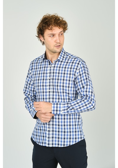De Leone Erkek Slim Fit Kareli Uzun Kollu %100 Pamuk Gömlek 2240 Mavi Mavi