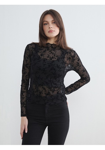 Lcw Vision Siyah Dik Yaka Çiçekli Kadın Body