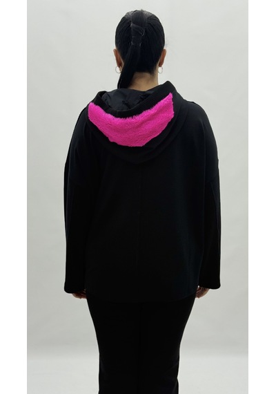 Büyük Beden Kapüşonlu Taşlı Uzun Kol Oversize Kadın Sweatshirt Siyah