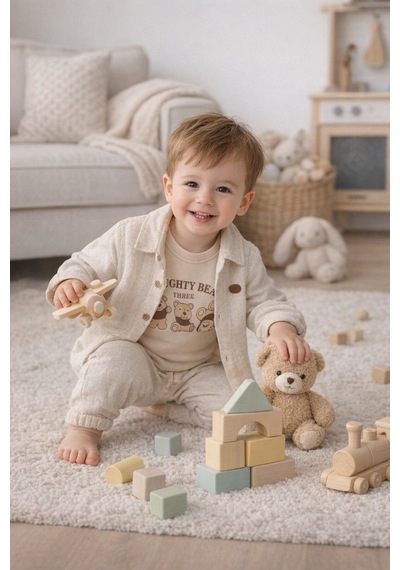 Babyhola Erkek Bebek Bayramlık Takım Ayıcık Desenli Müslin Kumaş Üçlü Set 2203 Bej