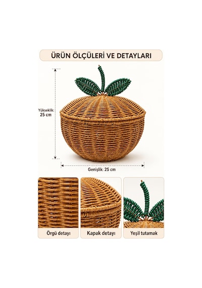 Örme Kapaklı Ekmek Sepeti Ve Meyvelik Yeşil Yaprak Tutamaçlı Saklama Kabı Organizer Kahverengi