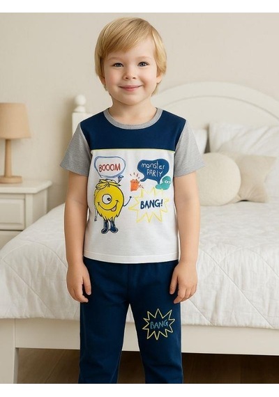 Zekids Erkek Çocuk Eğlenceli Baskılı Kısa Kollu Pijama Takımı-16033 Beyaz
