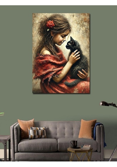Kanvas Tablo Kara Kedi Ve Kız Çocuğu 50cmx70cm
