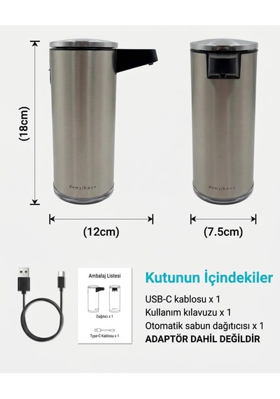 Demy Haus Sensepro Sensörlü Otomatik Sıvı Sabunluk Şarjlı Pasla Metalik Gri