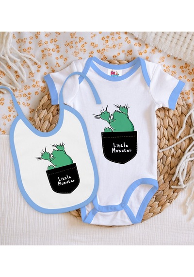 Bk Kids Little Monster Tasarımlı Mavi Bebek Body Zıbın Ve Mama Ön Çok Renkli