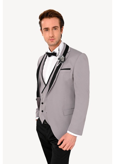 Ysf Erkek Gri Slim Fit Yelekli Şal Yaka Damatlık