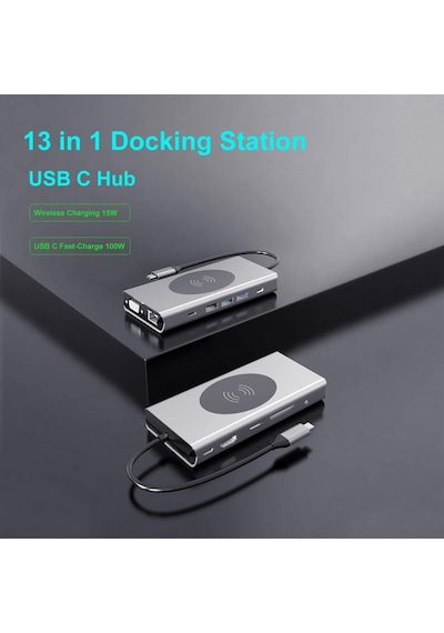 Yerleştirme İstasyonu Usb C Hub 13'ü 1 Arada Kablosuz Şarj İstasyonu, Usb C - Hdmı, Ethernet, Vga, 5 Usb Ve Sd/tf,