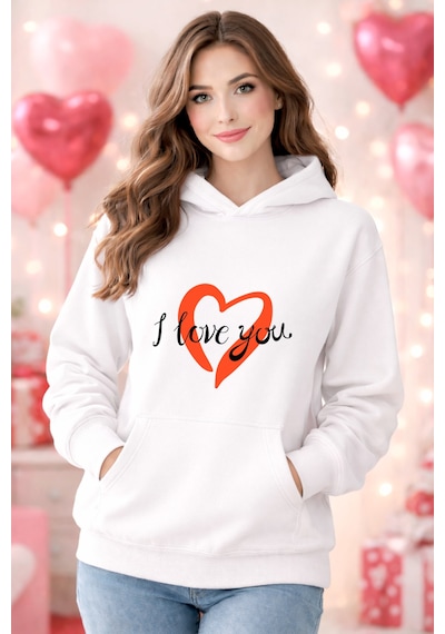 Stil X Sevgililer Gününe Özel, Kapüşonlu Kadın Sweatshırt, Valentıne's Day Beyaz-7