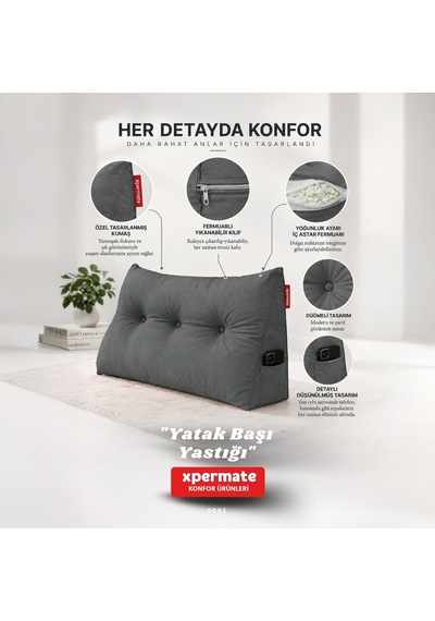 Yatak Başı Yastığı Sırt ve Bel Destek Yastığı 120 CM Yaslanma ve Dinlenme Yastığı Gri