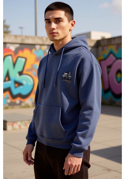 Benerly Erkek Kapüşonlu Düşük Kol Sweatshirt Slogan Nakışlı Fonksiyonel D Indigo