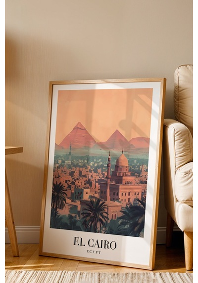 Cairo Egypt Vintage Seyahat Posteri Çerçeveli Tablo - Premium Piramitler Elit Duvar Dekoru Kayın