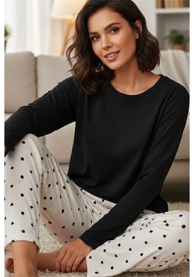 Siyah İnci Pamuklu Örme Pijama Takım 7975 Beyaz Siyah Kalp Puan