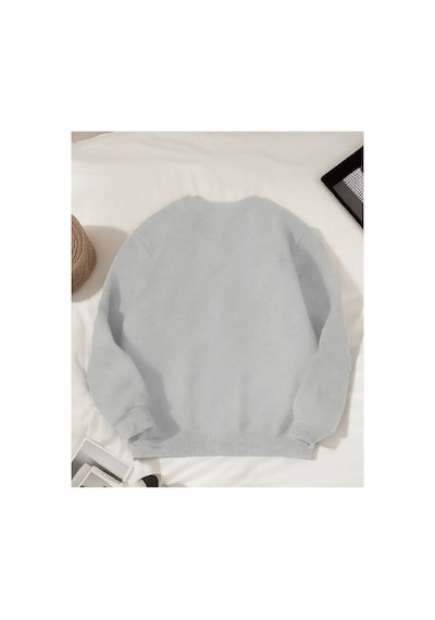 Herkesemoda Relaxed Baskı Detaylı Bisiklet Yaka Sweatshirt Gri
