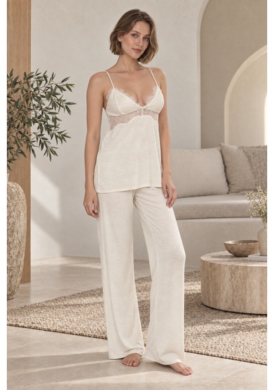 Loule Bej Melanj Kirpik Dantelli Modal Sabahlıklı Pijama Takımı