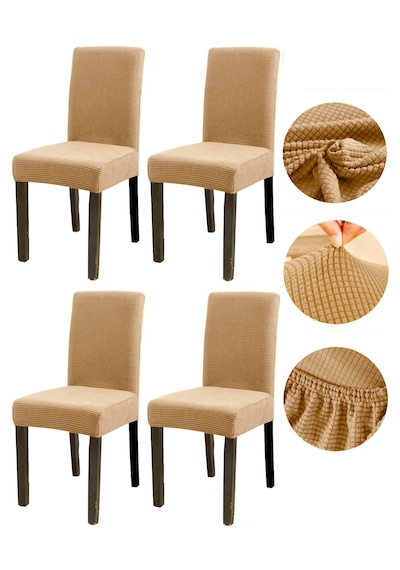 Bambu Nano Kumaş Likralı Lastikli Sandalye Kılıfı Yıkanabilir Esnek Sandalye Örtüsü 4 Lü Set Açık Kahve