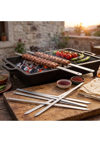 Geniş Yassı Metal Adana Kebap Şişi - 50 Cm Gümüş