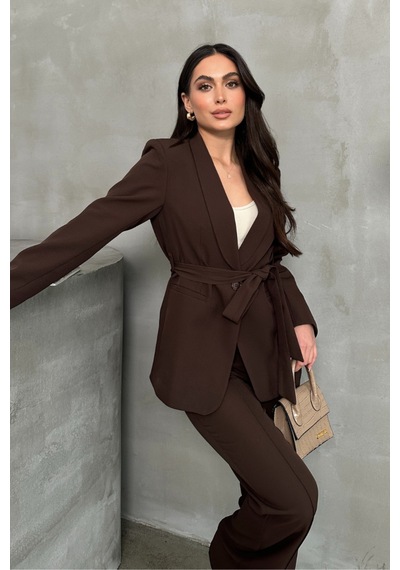 Meecy Kadın İkili Kuşaklı Blazer Ceket Ve Pantolon Takım Kahverengi Kahverengi