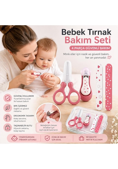 4 Parça Bebek Tırnak Bakım Seti Pembe Güvenli Makas, Tırnak Makası, Törpü Yenidoğan Bebek Bakım Seti