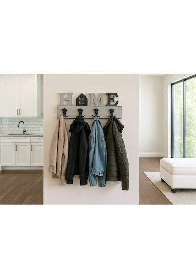 Siyah Gri Home Yazılı Şık Desenli Dekoratif Askılık 8 Askı Siyah