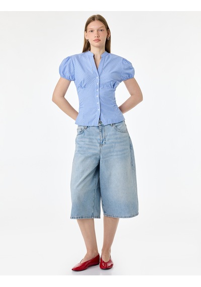 Koton Pamuklu Slim Fit Poplin Balon Kollu V Yaka Gömlek Mavi Ekose 6sal60211ıw