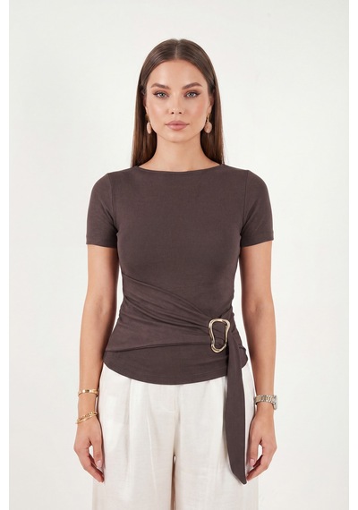 Lela Toka Detaylı Fitted Fit Kayık Yaka Bluz Bayan Bluz 5862707 Kahve