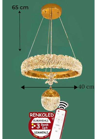 Kumandalı 3 Renk Işıklı Modern Sarkıt Led Avize Krom Kasa Salon,oda ,mutfak ,hol Gold 1