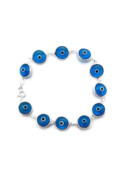 10mm Cam Nazar Boncuğu Göz Bileklik 925 Ayar Gümüş Bileklik Açık Mavi
