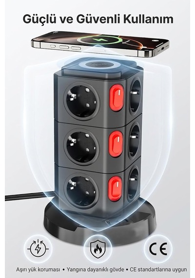 12'li Kule Tipi Çoklu Priz 3680w Kablosuz Şarjlı 1xusb-a 2xtype- C Akıllı Güç İstasyonu Standart
