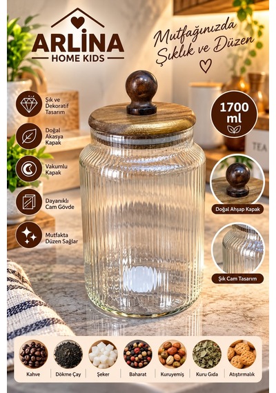1700 Ml Akasya Kapaklı Ball Cam Kavanoz Şeffat Cam - Akasya Ahşap Kapak