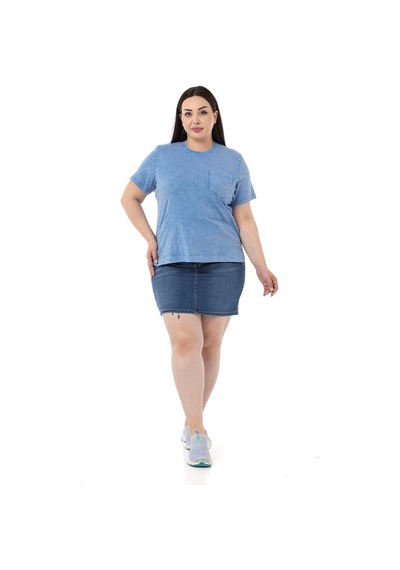 Disentis Büyük Beden Parça Boyalı Bisiklet Yaka Kavisli Yırtmaçlı Mavi T-shirt-mavi Mavi