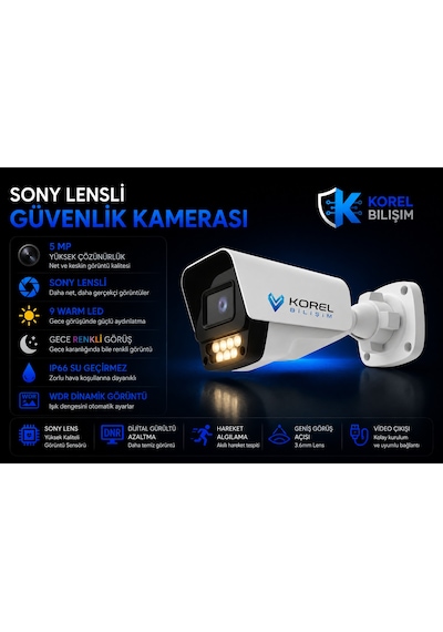 Korel Bilişim 2 Kameralı 9 Atom Ledli 5 Mp Sony Lensli Gece Renkli Güvenlik Kamerası Seti 320 Gb Hdd