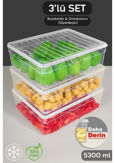 Meleni Home Derin Mikrodalga Uyumlu Erzak Gıda Saklama Kabı Şeffaf Kapak Düzenleyici Organizer Set 3'lü 5300 ML Şeffaf