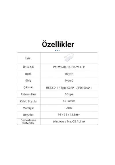 Orico PAPW2AC-C3-015-WH 4 Portlu Type-C to USB 3.0 / Type-C PD 100W Yüksek Hızlı 5Gbps HUB Çoklayıcı Beyaz