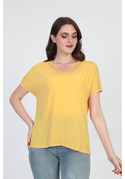 Ella Camelia Kadın Dantel Detaylı Bluz 5010027 Sarı