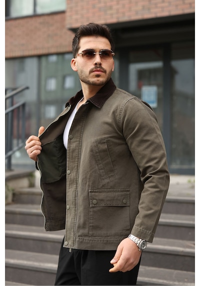 Little Cup Jeans Co Erkek Haki Garni Yaka Spor Canvas Mont