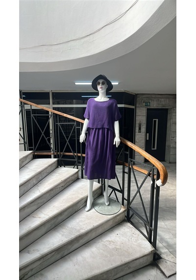 Eren Style İtalyan Müslin Keteni Üstü File Bluzlu Astarlı Tek Parça Elbise-9256 Mor