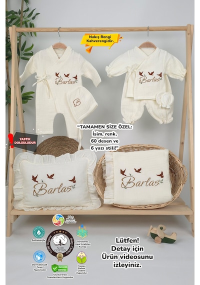 Gros Shop Müslin Yeni Doğan 4katlı Organik %100pamuk Kişiye Özgü Nakışlı Hastane Çıkış Seti 3'lü Kelebk Model Ekru-2