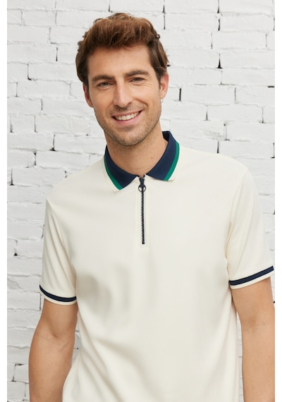 Ac&Co / Altınyıldız Classics Erkek Ekru Lacı Regular Fit Geniş Kesim Polo Yaka Tişört Ekru - Lacivert
