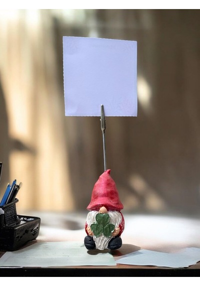 Simli Kırmızı Yonca Tutan Sevimli Şans Cücesi Fotoğraf Not Tutacağı Ofis Masası Tutacak Hediyelik Simli Kırmızı