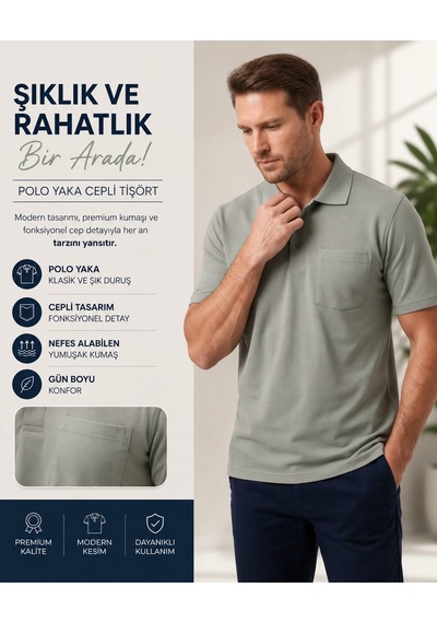 Özeniş Erkek Polo Yaka Regular Fit Baba Cepli %100 Pamuk Şık Tasarım Kagi T-shirt Açık Haki
